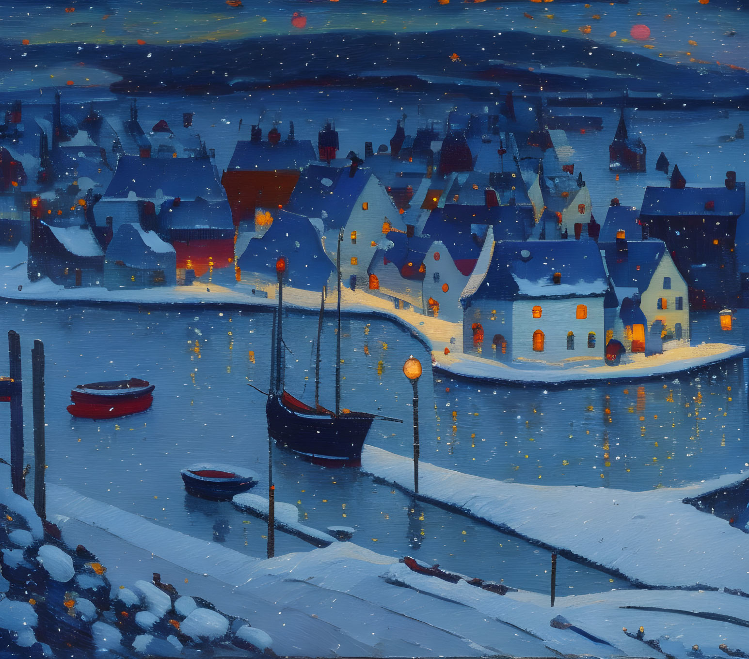 Snowy Coastal Village: Illuminated Houses, Boats, Twilight Sky