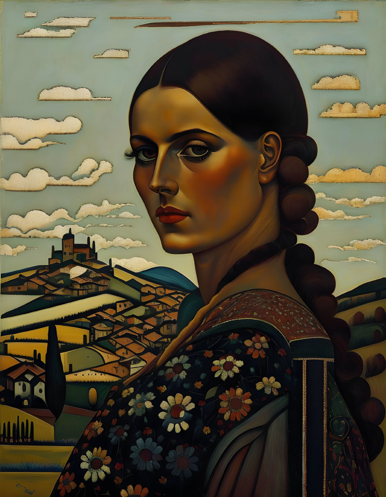 Woman with Braided Hairstyle in Floral Dress Against Stylized Landscape