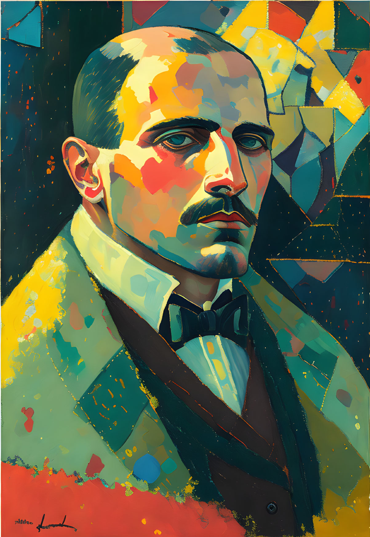 Colorful Abstract Portrait of Moustached Man in Suit and Bow Tie