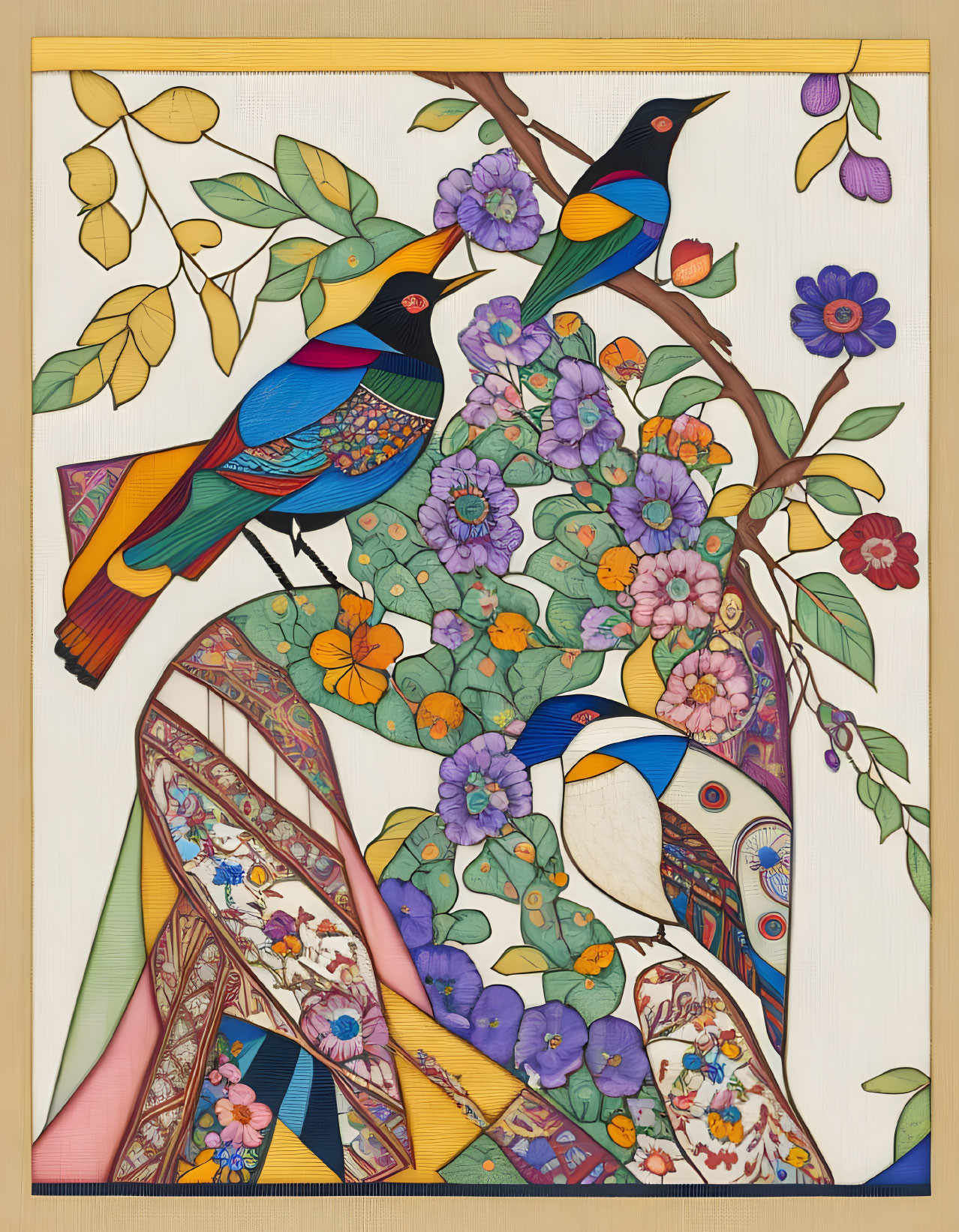 Colorful Birds Perched on Branches Amid Vibrant Blossoms and Detailed Patterns