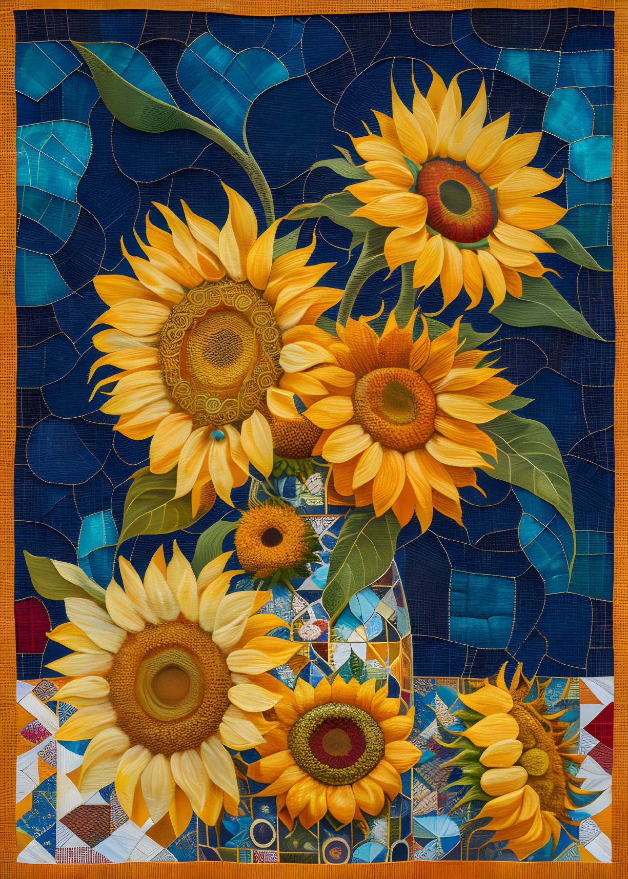 Colorful digital artwork: Four sunflowers on geometric blue background