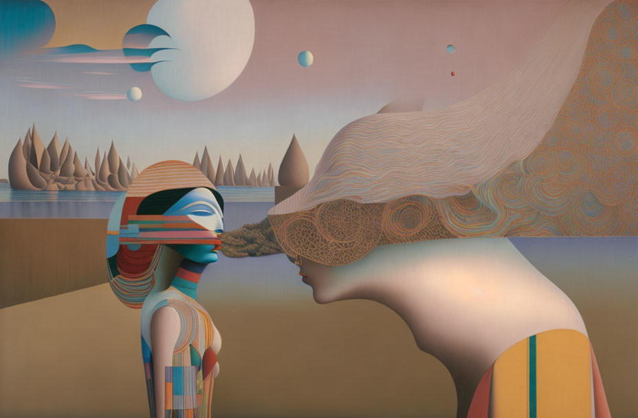 Surrealist artwork: Two stylized figures whispering in abstract landscape