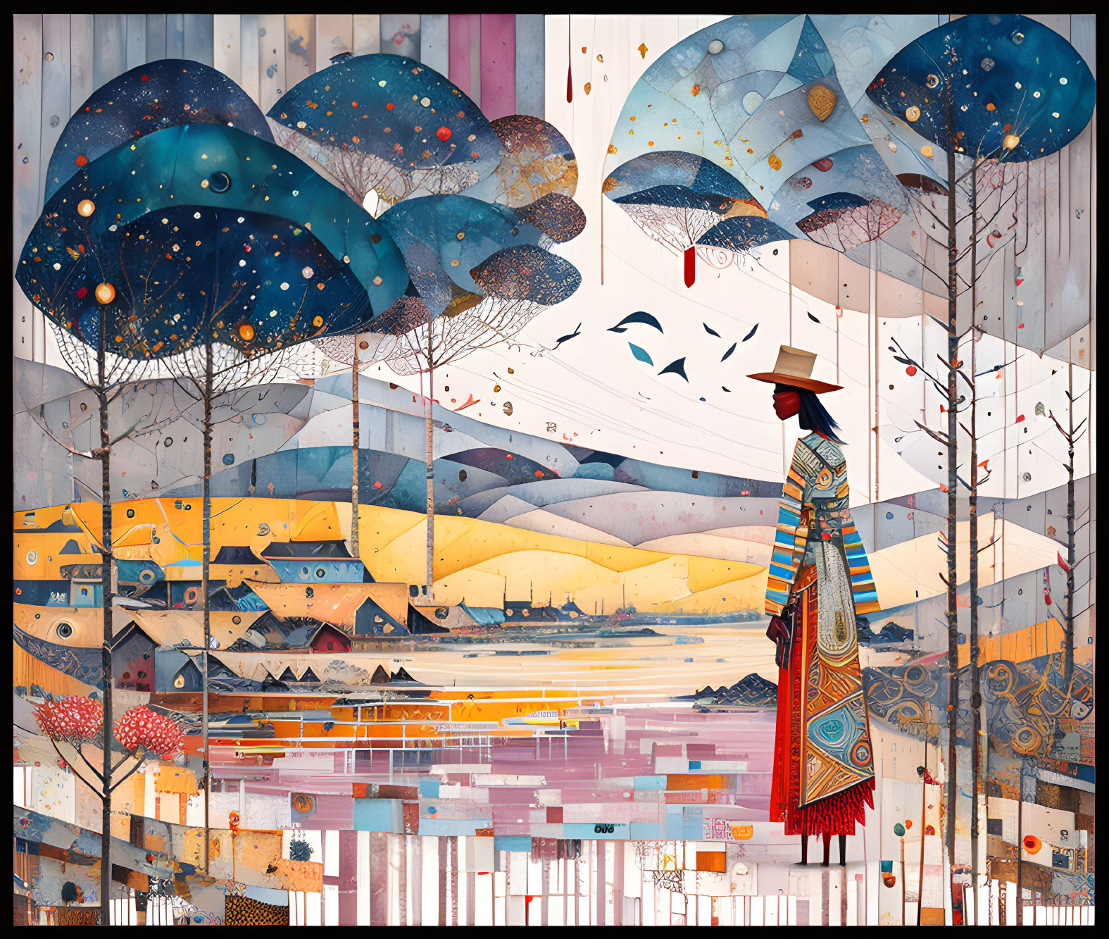 Colorful Figure in Patchwork Cloak in Stylized Forest Scene