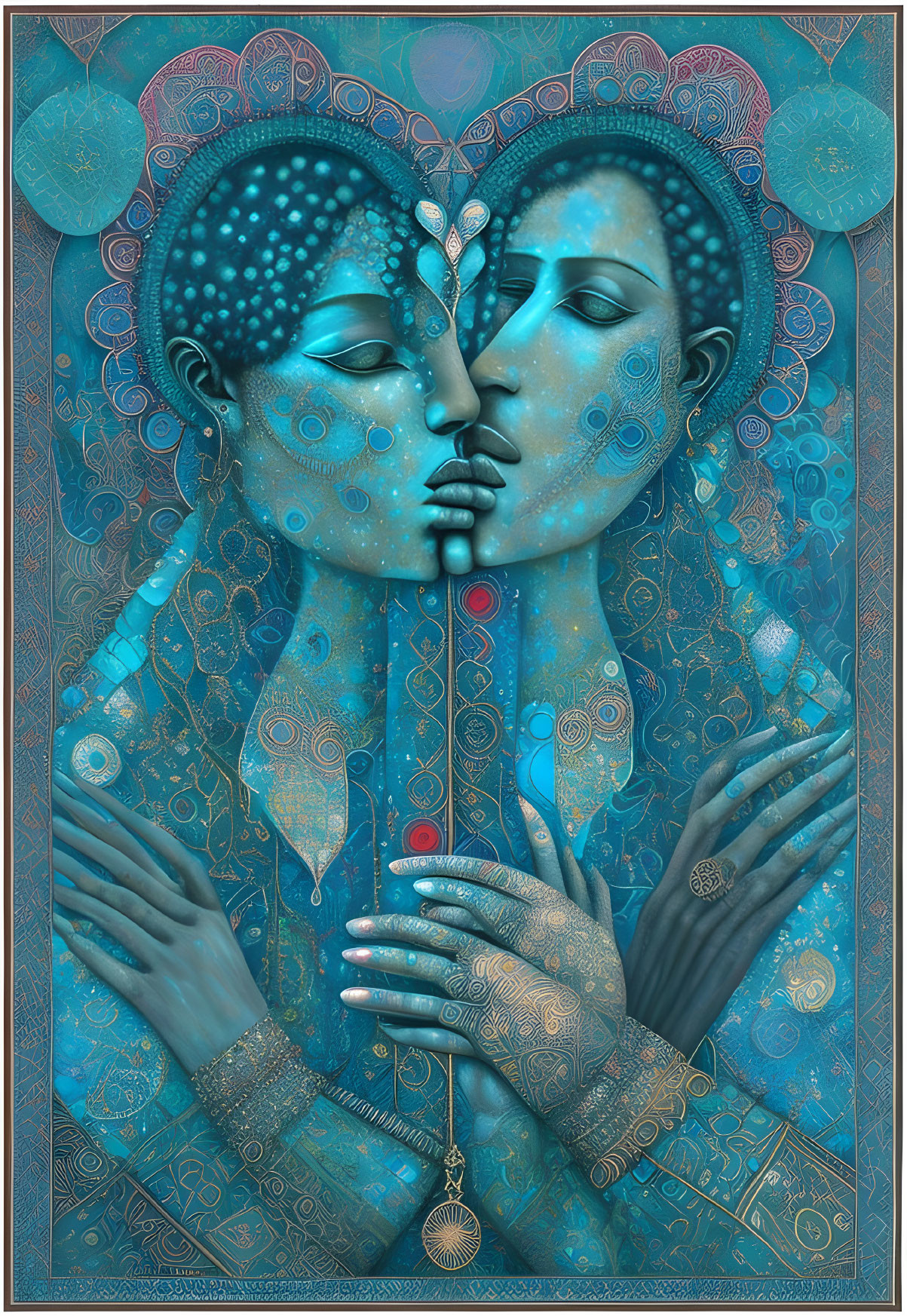 Stylized blue-skinned figures embrace with golden patterns