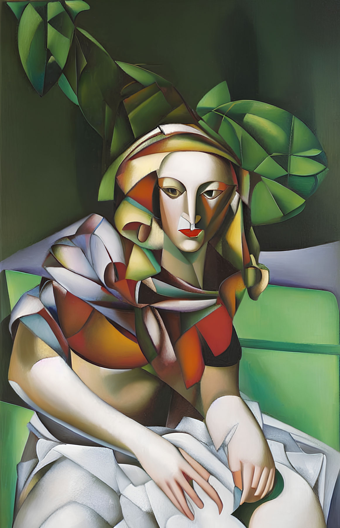 Stylized cubist female figure in colorful attire on green background