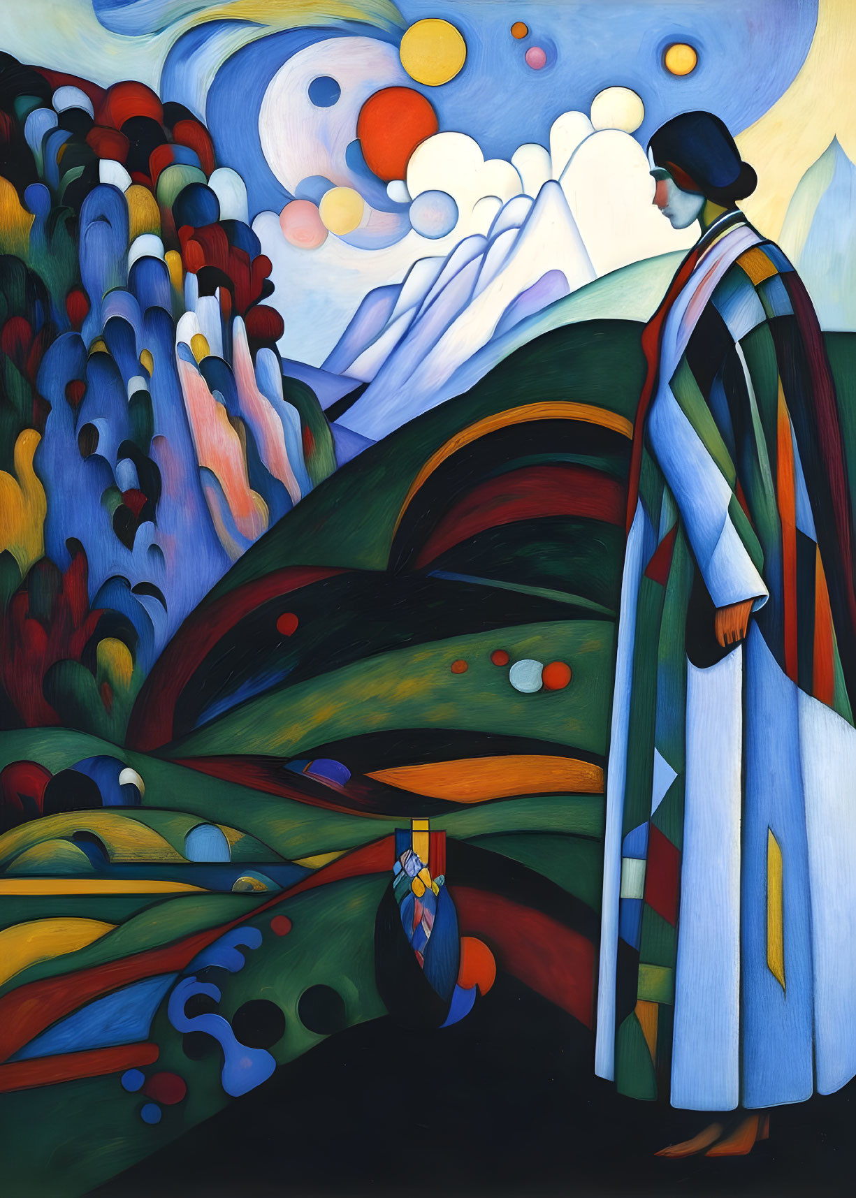Stylized painting of woman in striped dress with vase in scenic landscape