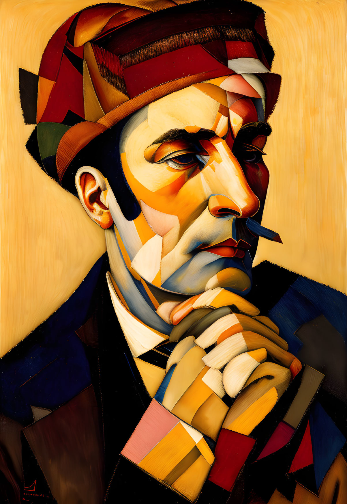 Geometric Cubist portrait with warm colors and sharp angles