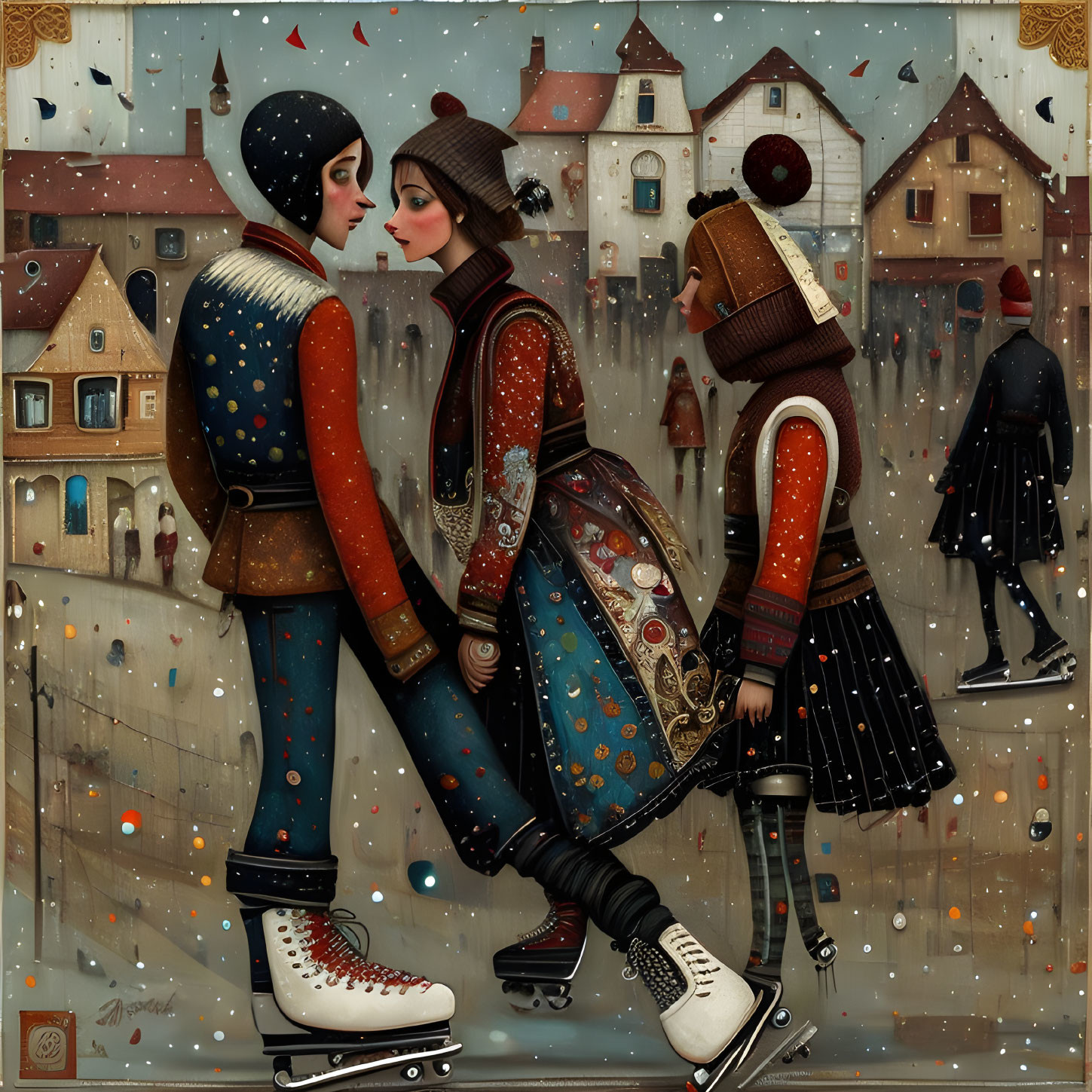 Medieval-inspired couple ice skating in winter scene