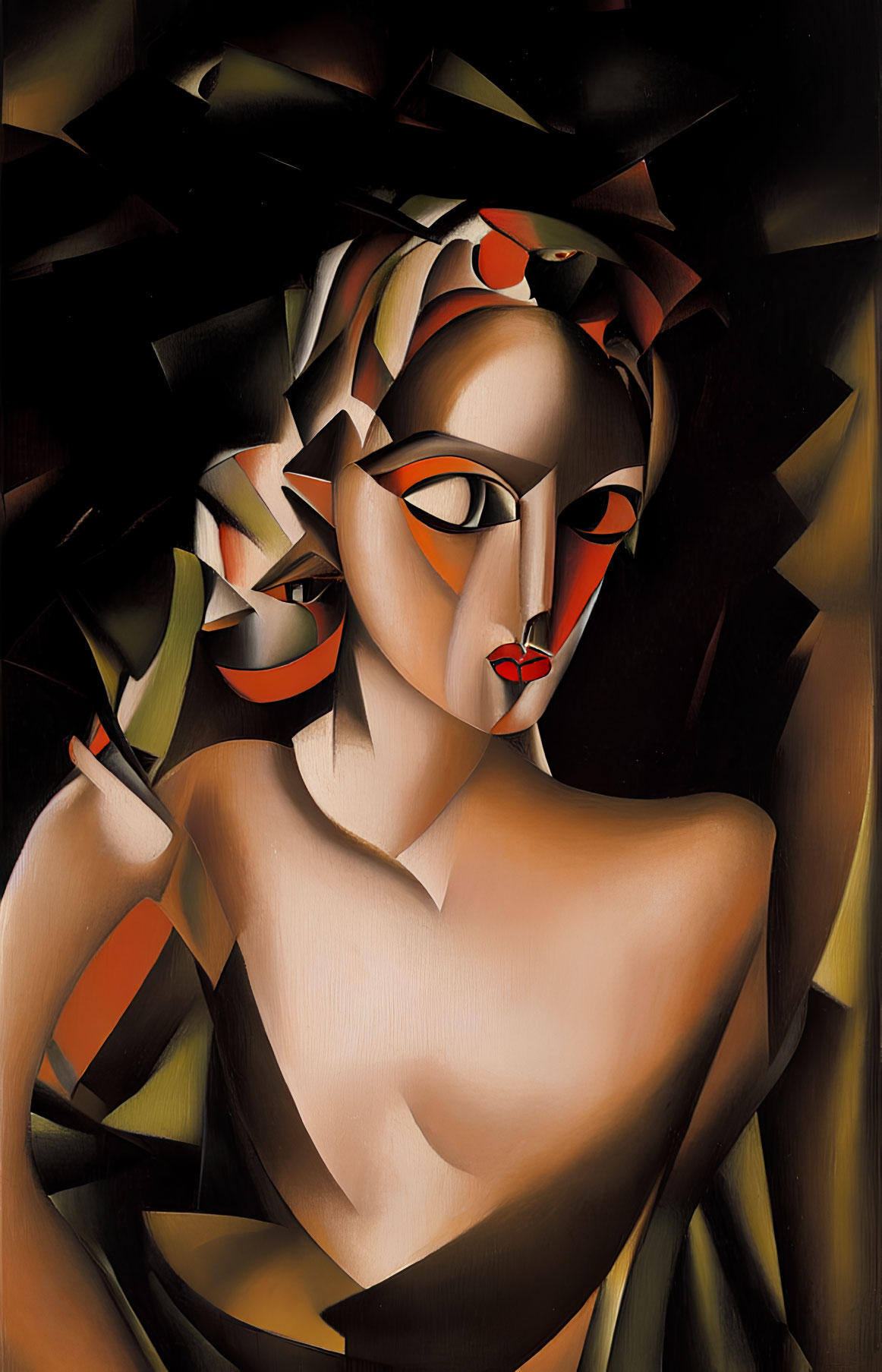 Geometric Cubist portrait of a female figure in brown, black, and orange with red lips.