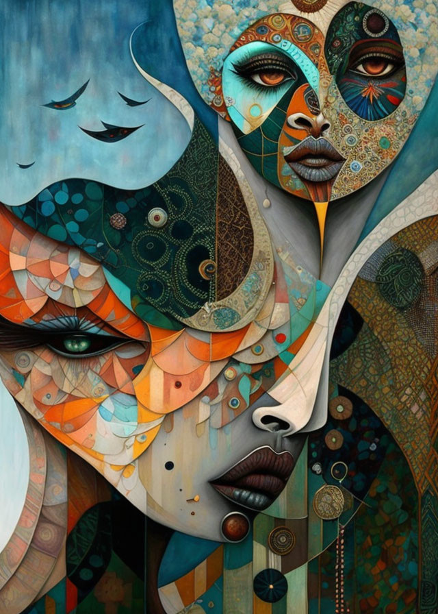 Abstract Painting of Stylized Faces in Vibrant Earthy Colors