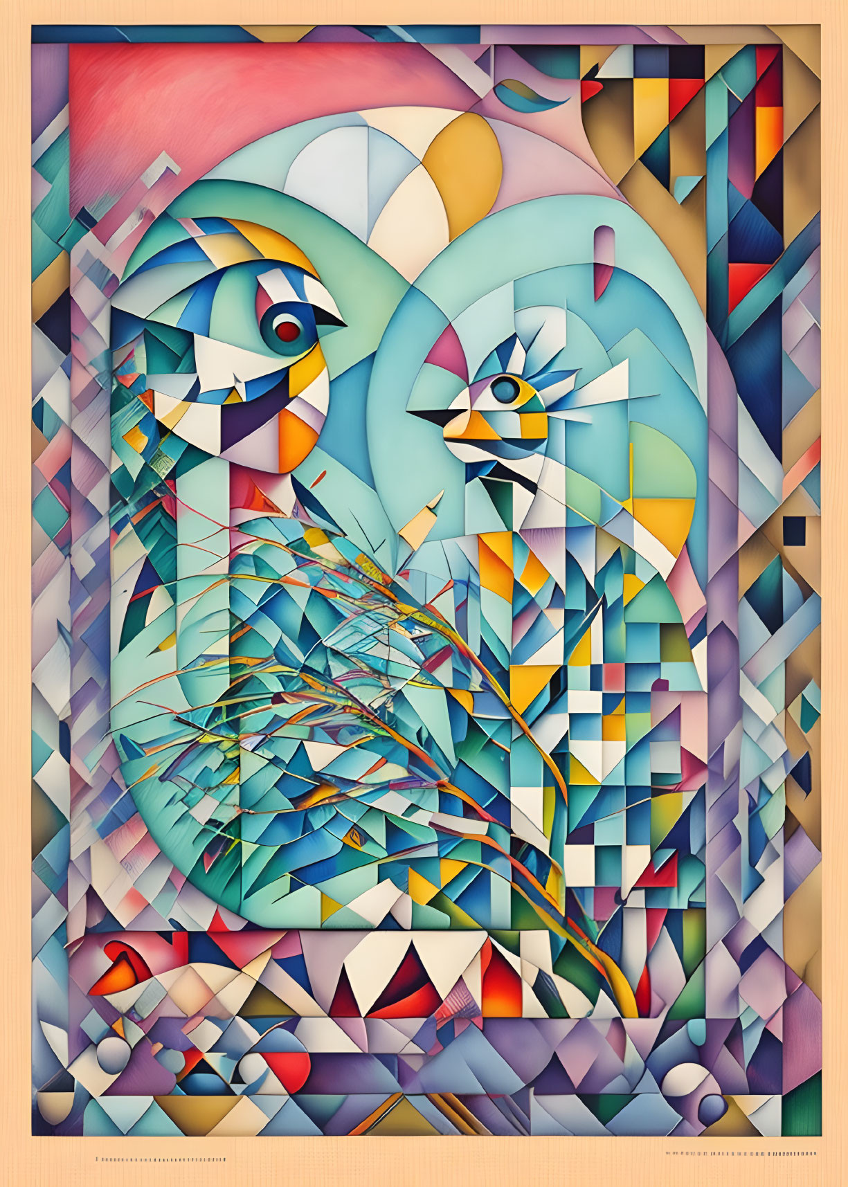 Vibrant Cubist Owl Artwork with Geometric Patterns