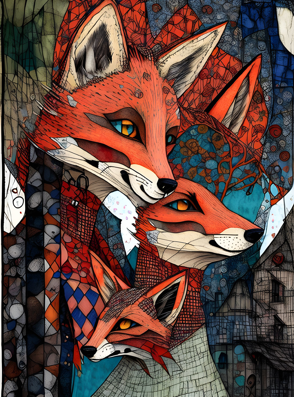 Stylized fox faces layered on intricate geometric and organic background