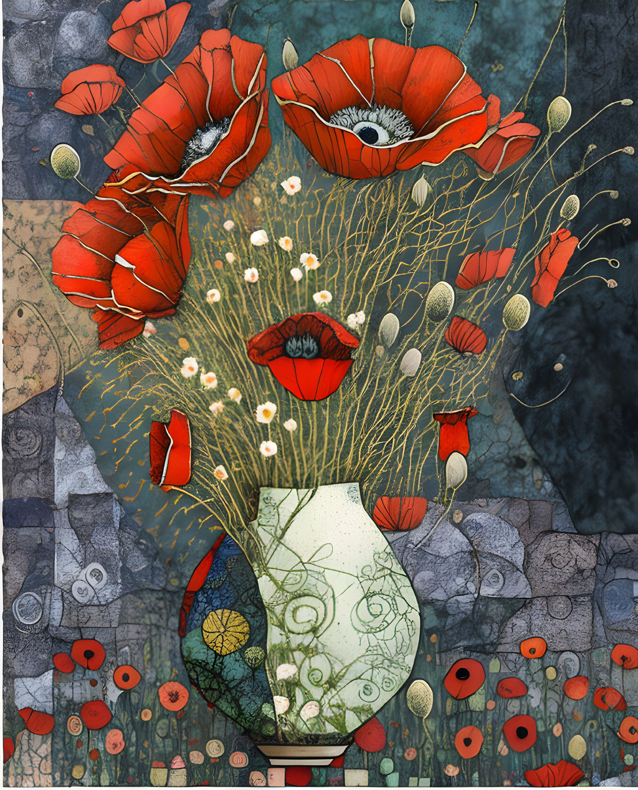 Surreal illustration: poppies and eyes in vase on textured background