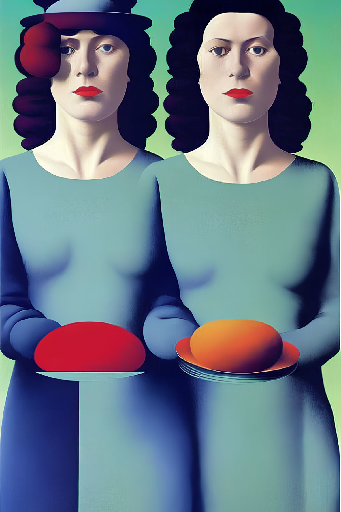 Stylized women with red hat and orange sphere on green background