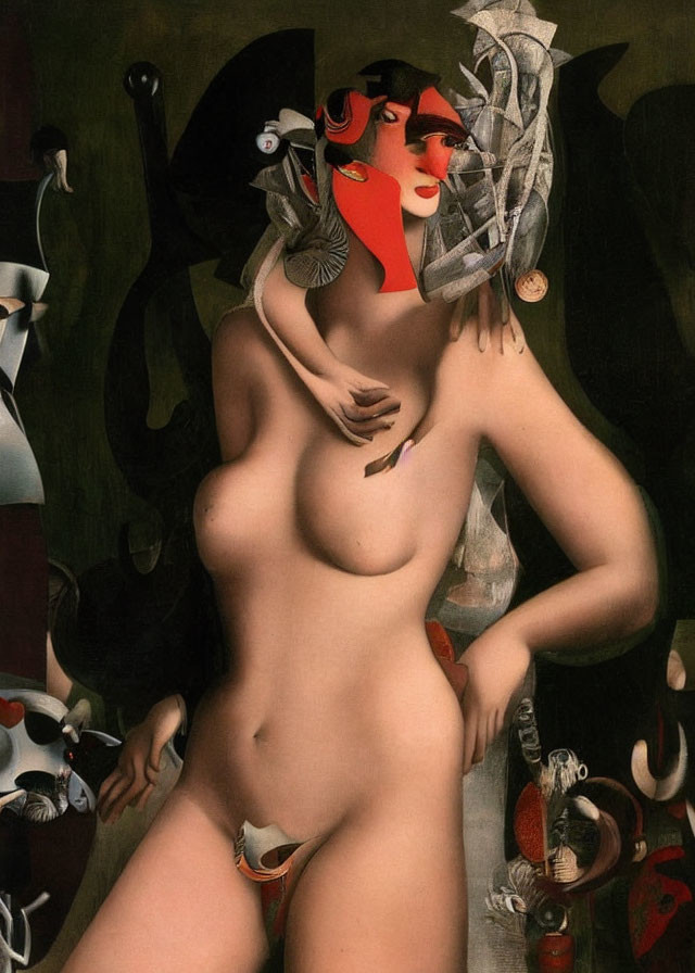 Colorful mask-like face on nude female figure in surreal setting