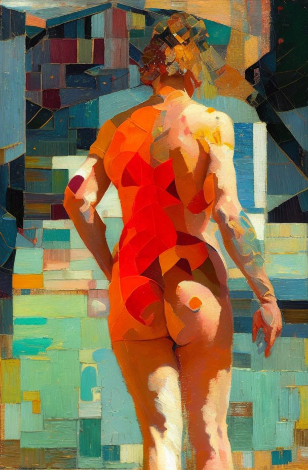 Abstract Cubist-Inspired Female Figure Painting with Geometric Shapes