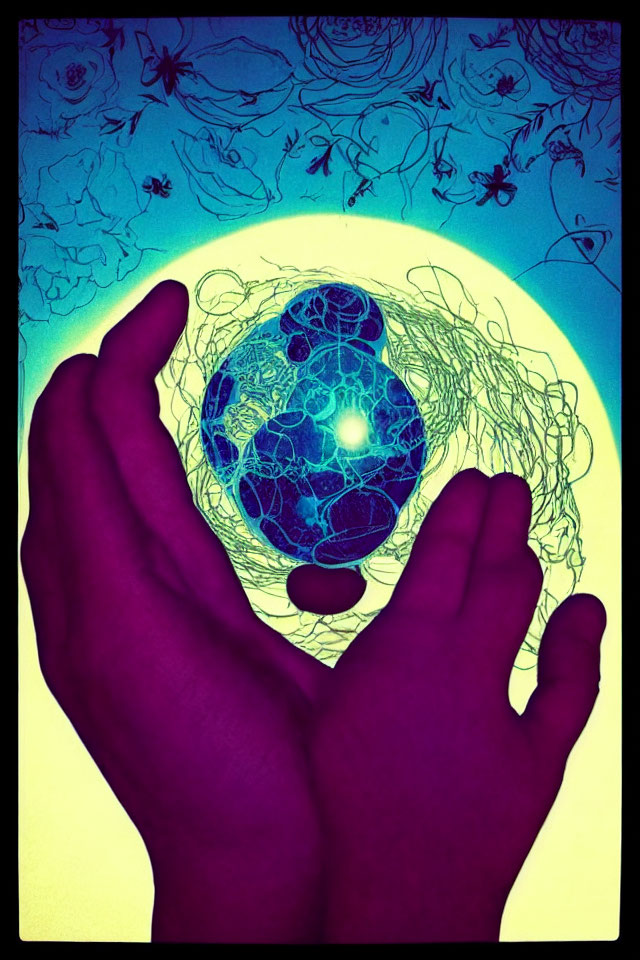 Patterned sphere held by hands on floral backdrop emits mystical aura