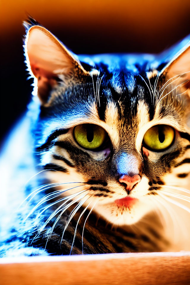 Tabby Cat with Green Eyes and Facial Markings on Warm Background