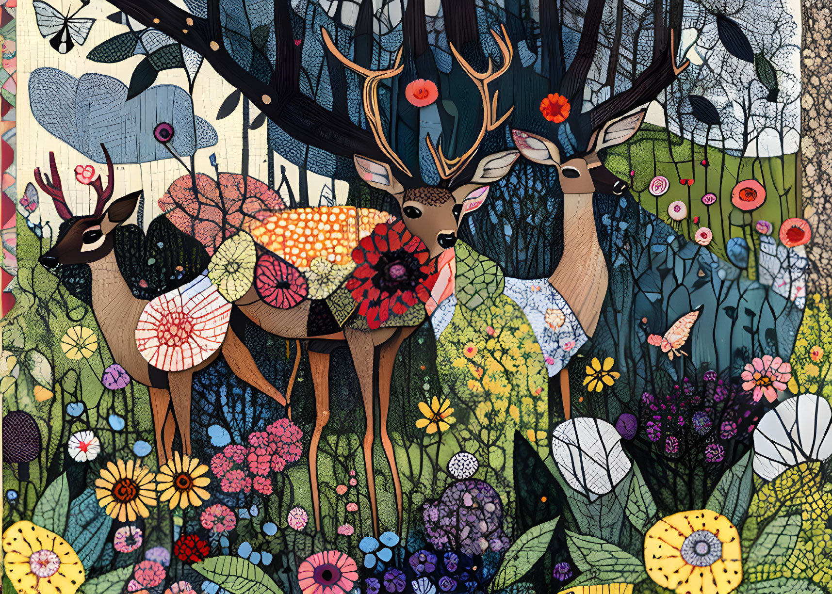 Illustration of two deer in vibrant floral backdrop and whimsical forest scene