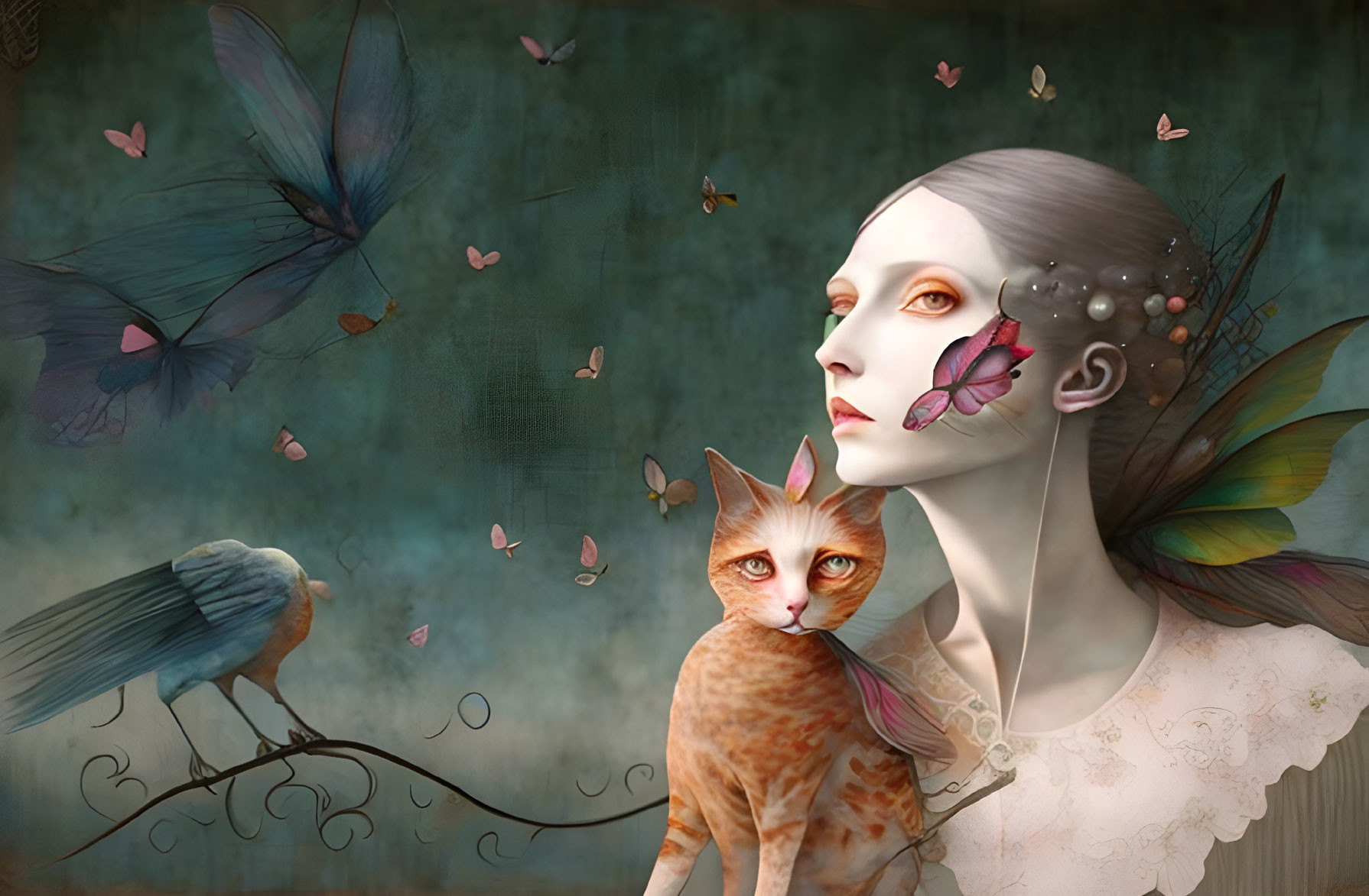 Surreal portrait featuring pale woman, butterfly, cat, bird, and floating butterflies.