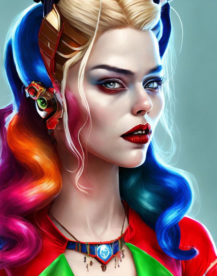 Colorful Rainbow Hair Woman with Harley Quinn-Inspired Headpiece