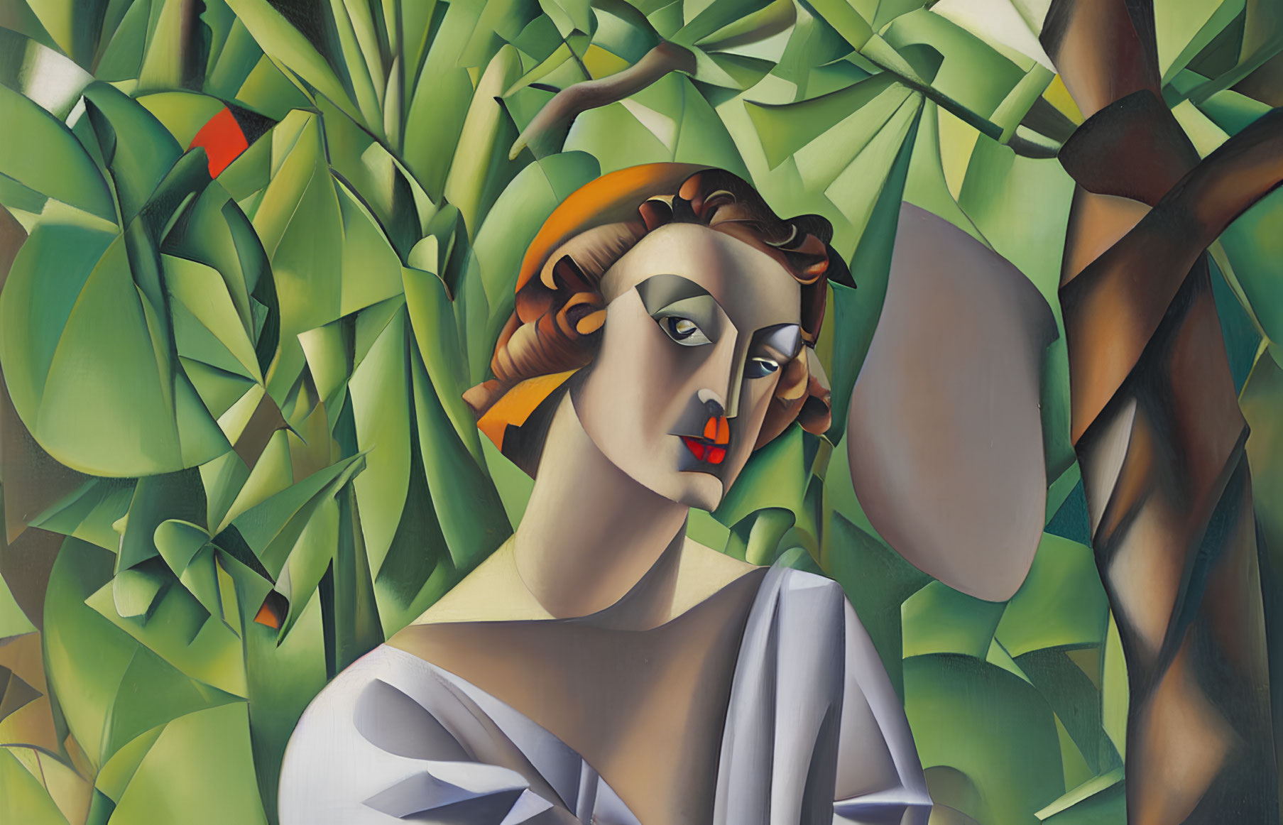 Stylized painting of woman with angular features amid green geometric backdrop