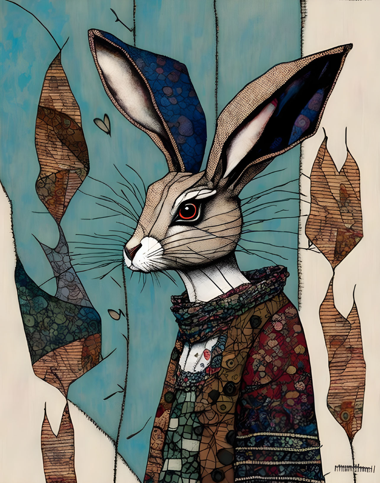 Stylized rabbit in patterned outfit with abstract leaves.