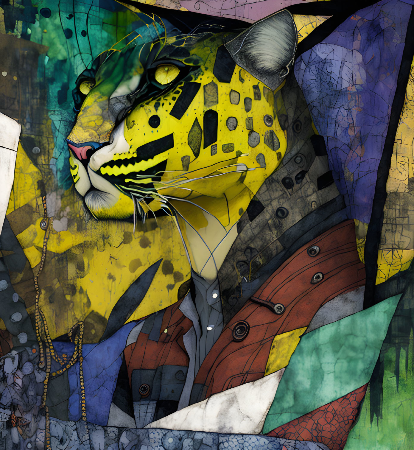 Digital artwork: Jaguar head on human body with shirt and jacket, surrounded by geometric shapes