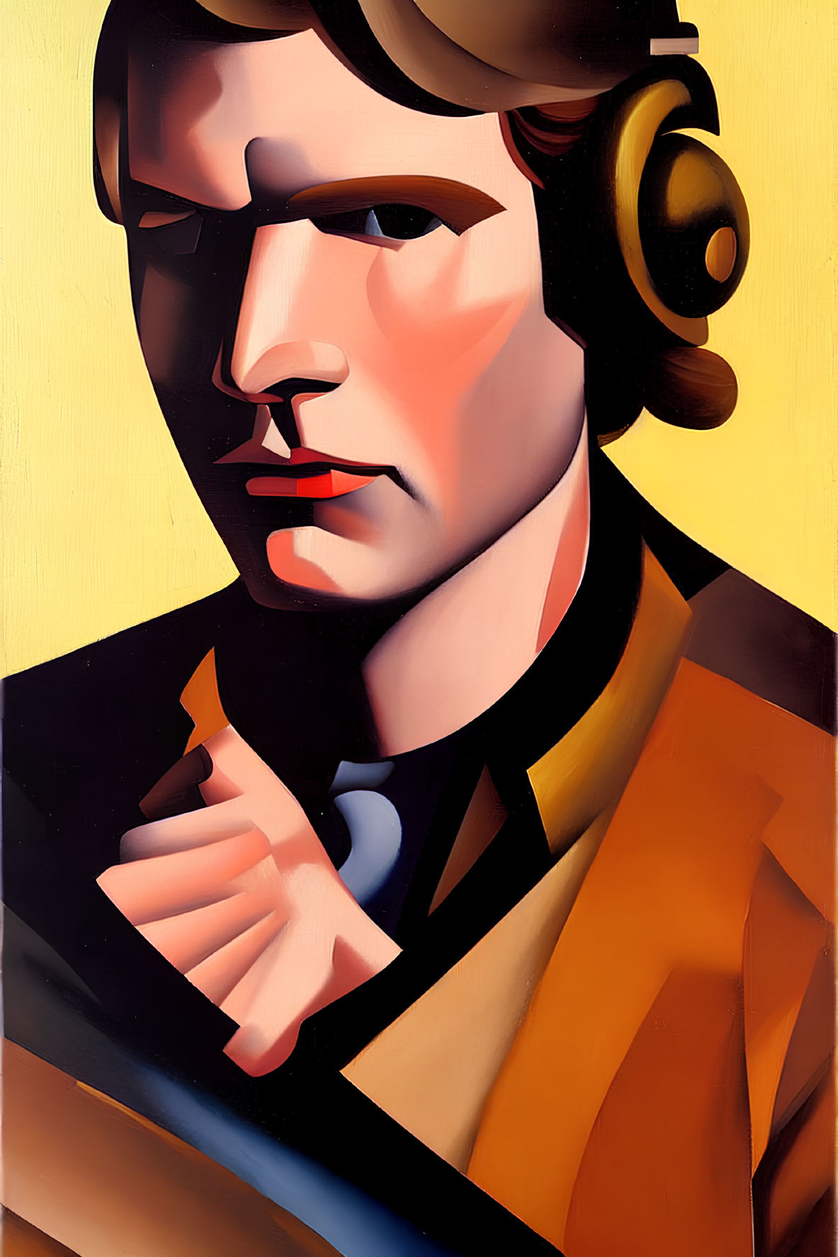 Geometric portrait of a person smoking with headset, yellow background