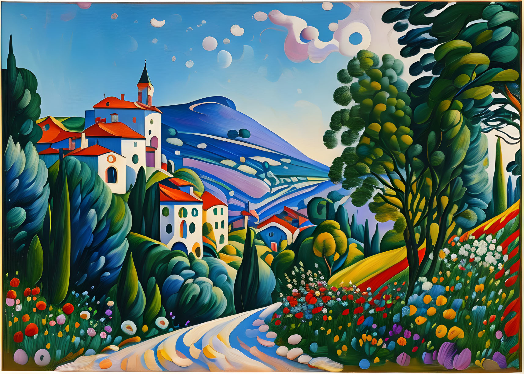 Vibrant landscape painting with curved paths, rolling hills, and colorful buildings