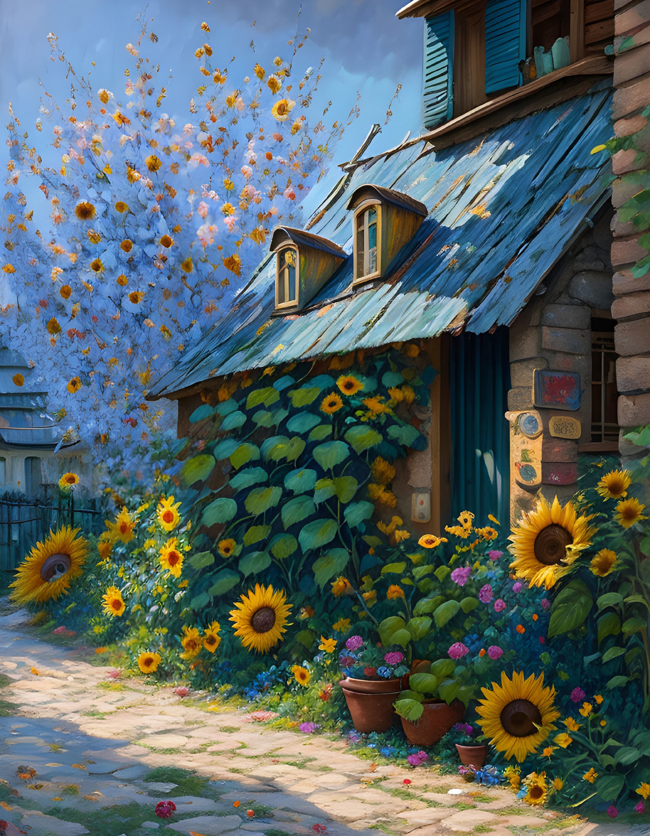 Stone cottage with blue roof surrounded by sunflowers and flowers under a sky of floating petals