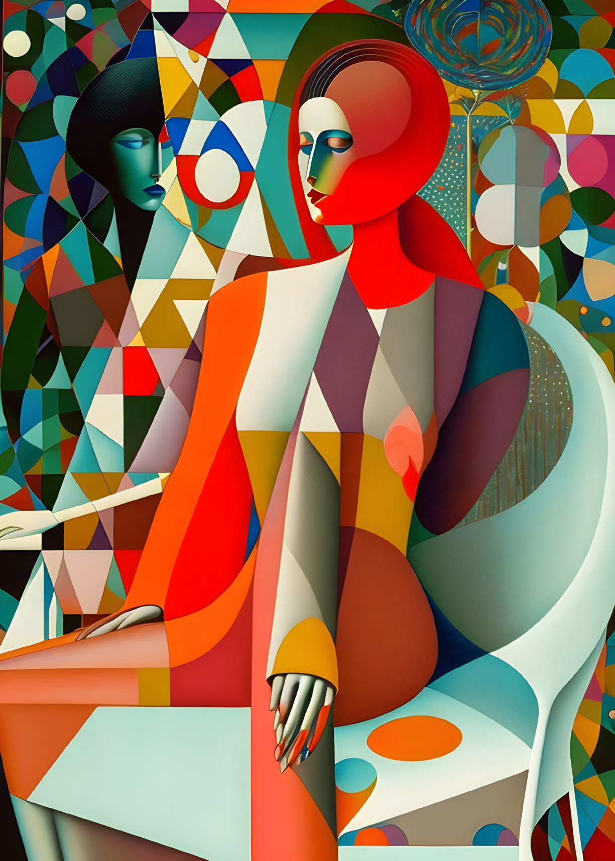 Colorful Abstract Painting Featuring Stylized Figures and Geometric Shapes