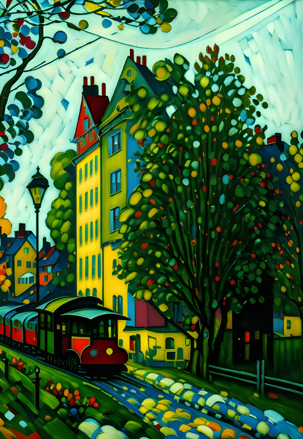 Colorful cityscape painting with whimsical buildings, tree, red tram, and lush greenery.