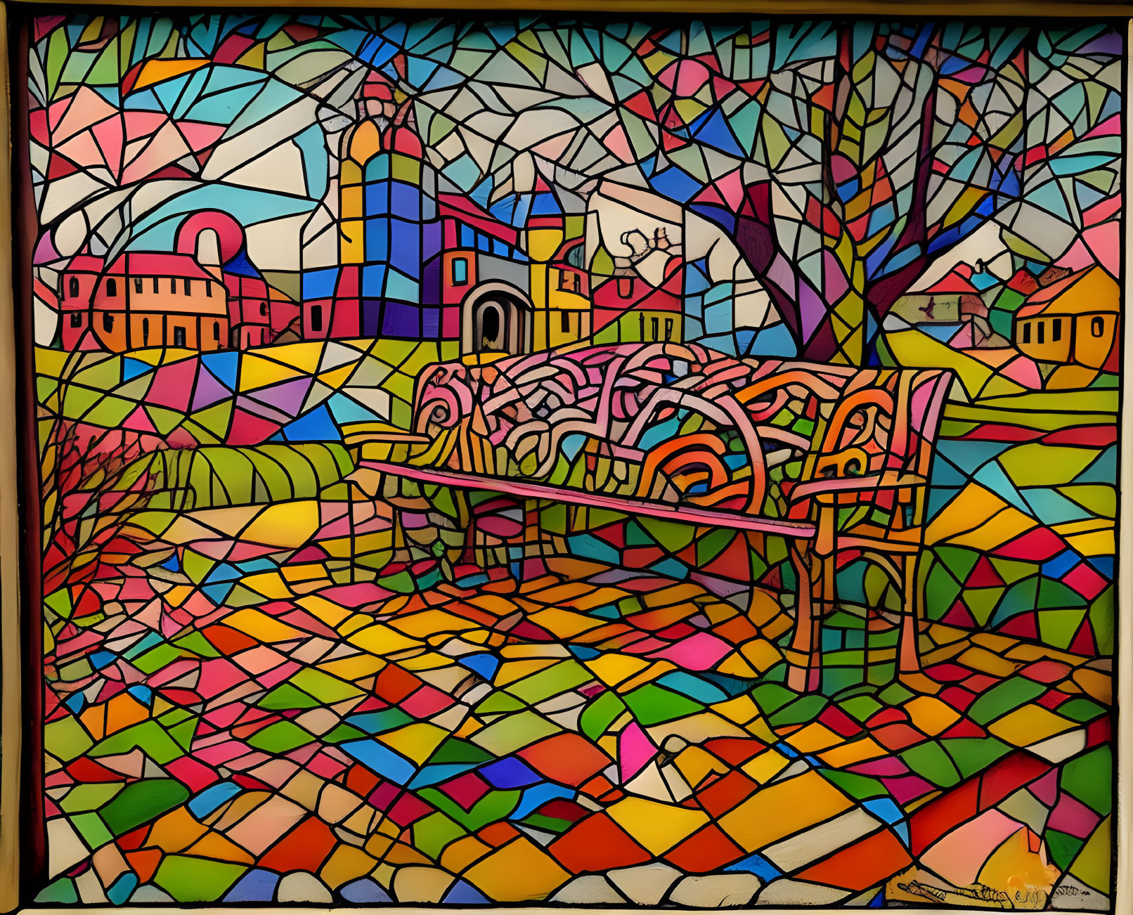 Colorful Stained Glass Style Painting of Park Bench & Whimsical Landscape