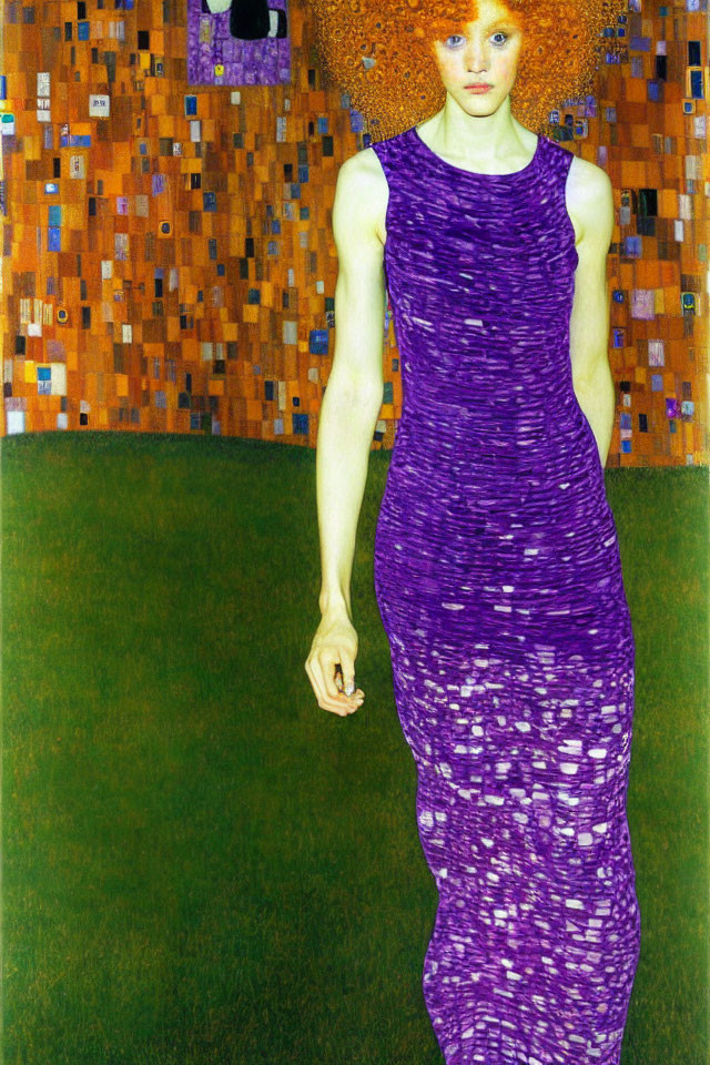 Vibrant painting of woman with red hair in purple dress on abstract background