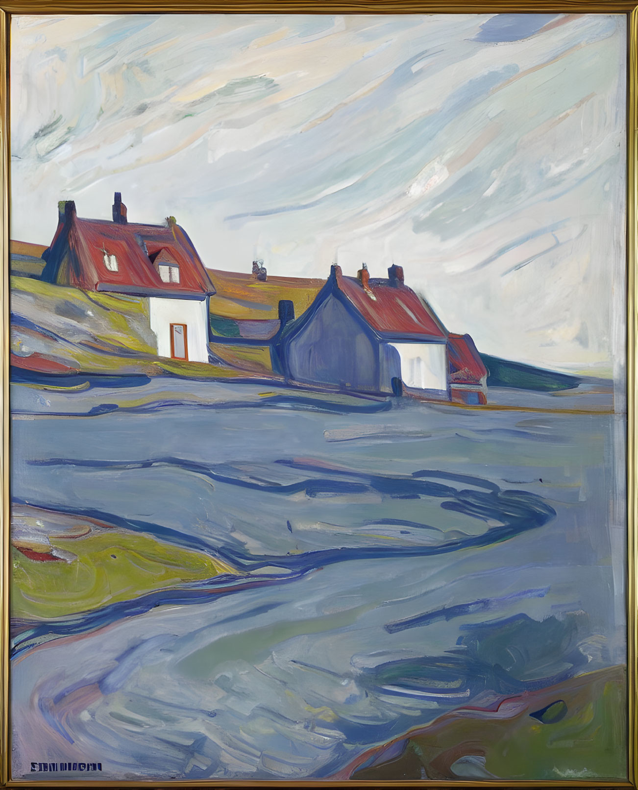 Colorful painting of two cottages under swirling blue sky and vibrant blue-green ground.