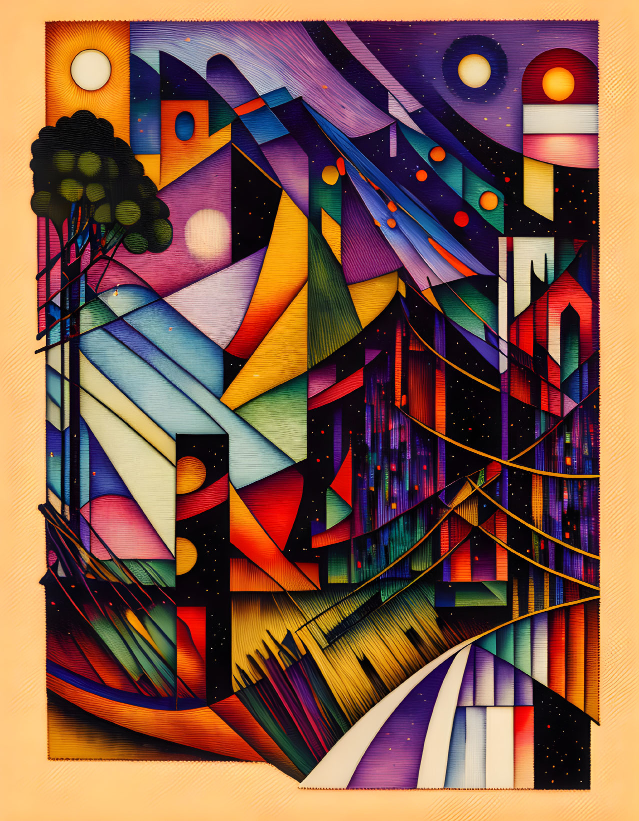 Colorful Abstract Art: Geometric Cityscape with Celestial Bodies