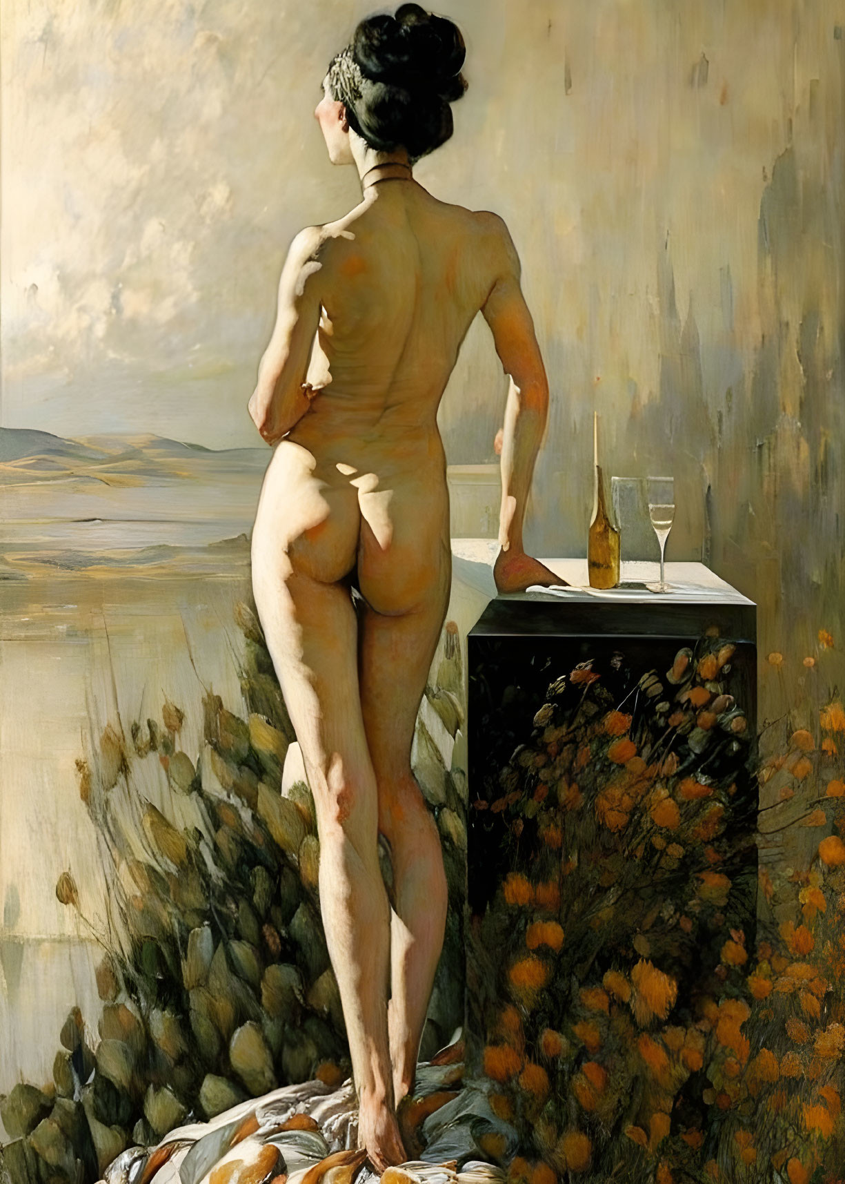 Classical painting of nude woman with wine glass overlooking landscape