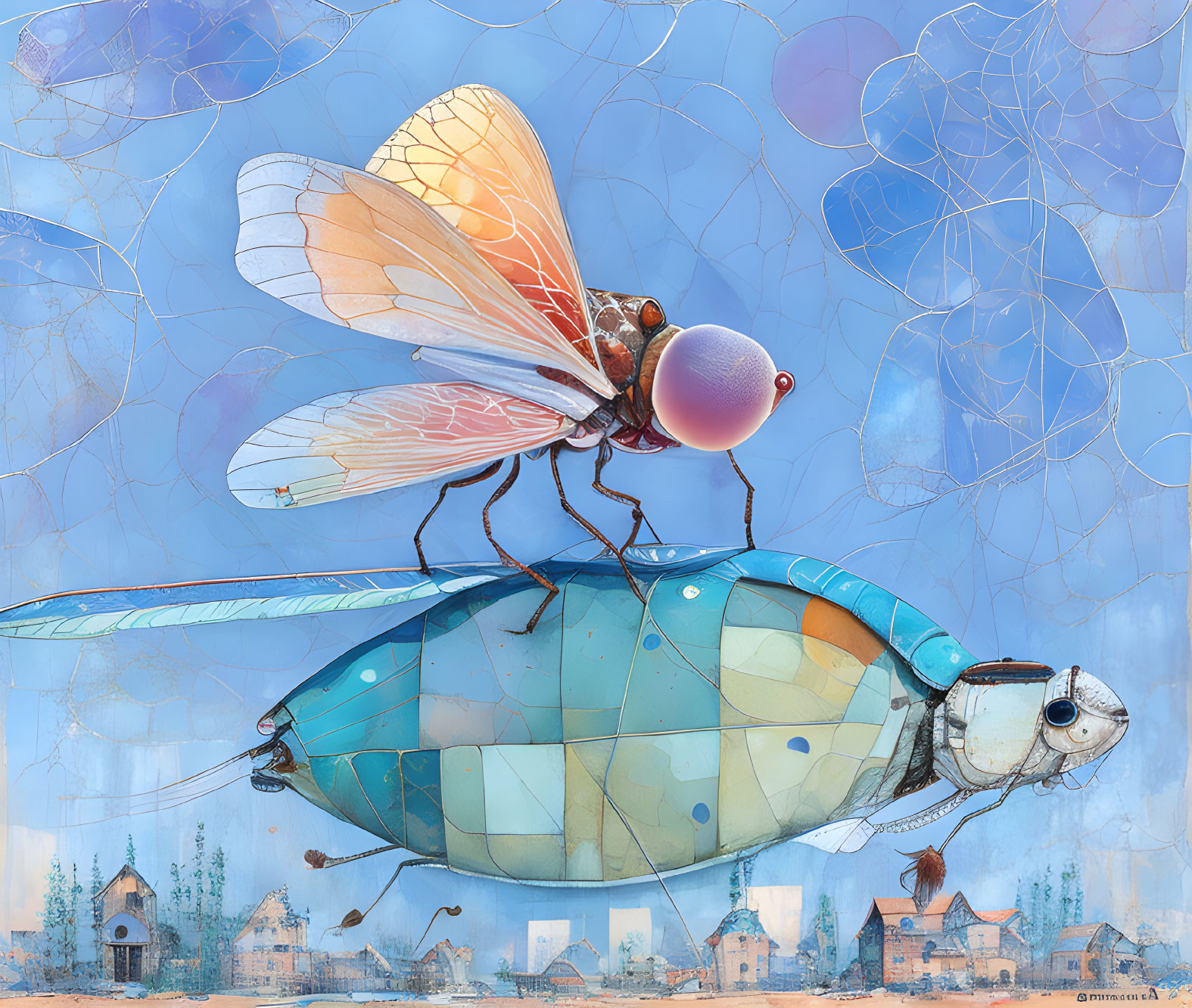 Mechanical insect with translucent wings flying over serene landscape