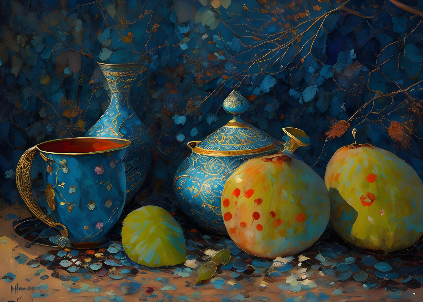 Golden Cup, Blue Vases, Yellow Apples in Still Life Painting