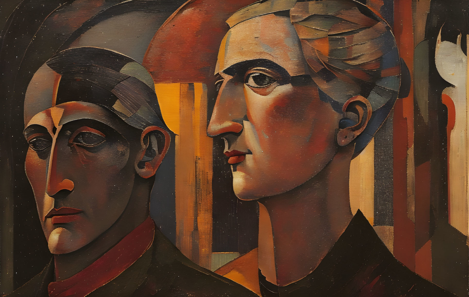 Stylized cubist painting featuring angular faces and warm colors