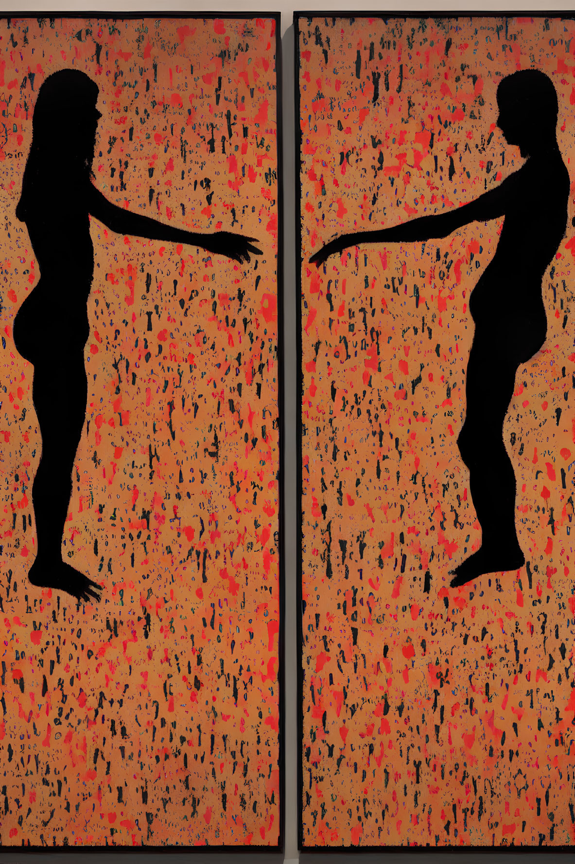 Silhouettes of Man and Woman Reaching Out on Red and Black Background