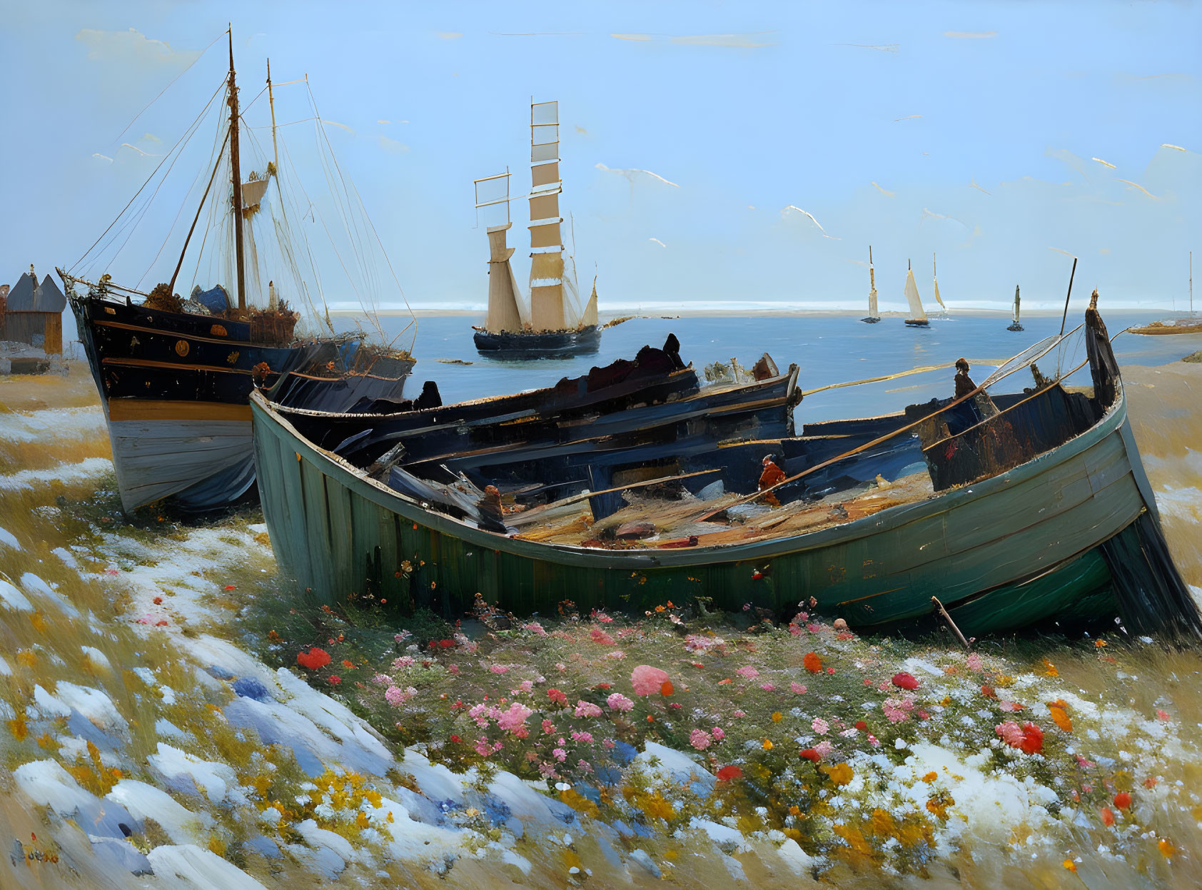 Maritime painting with beached boats, wildflowers, and sailing ships