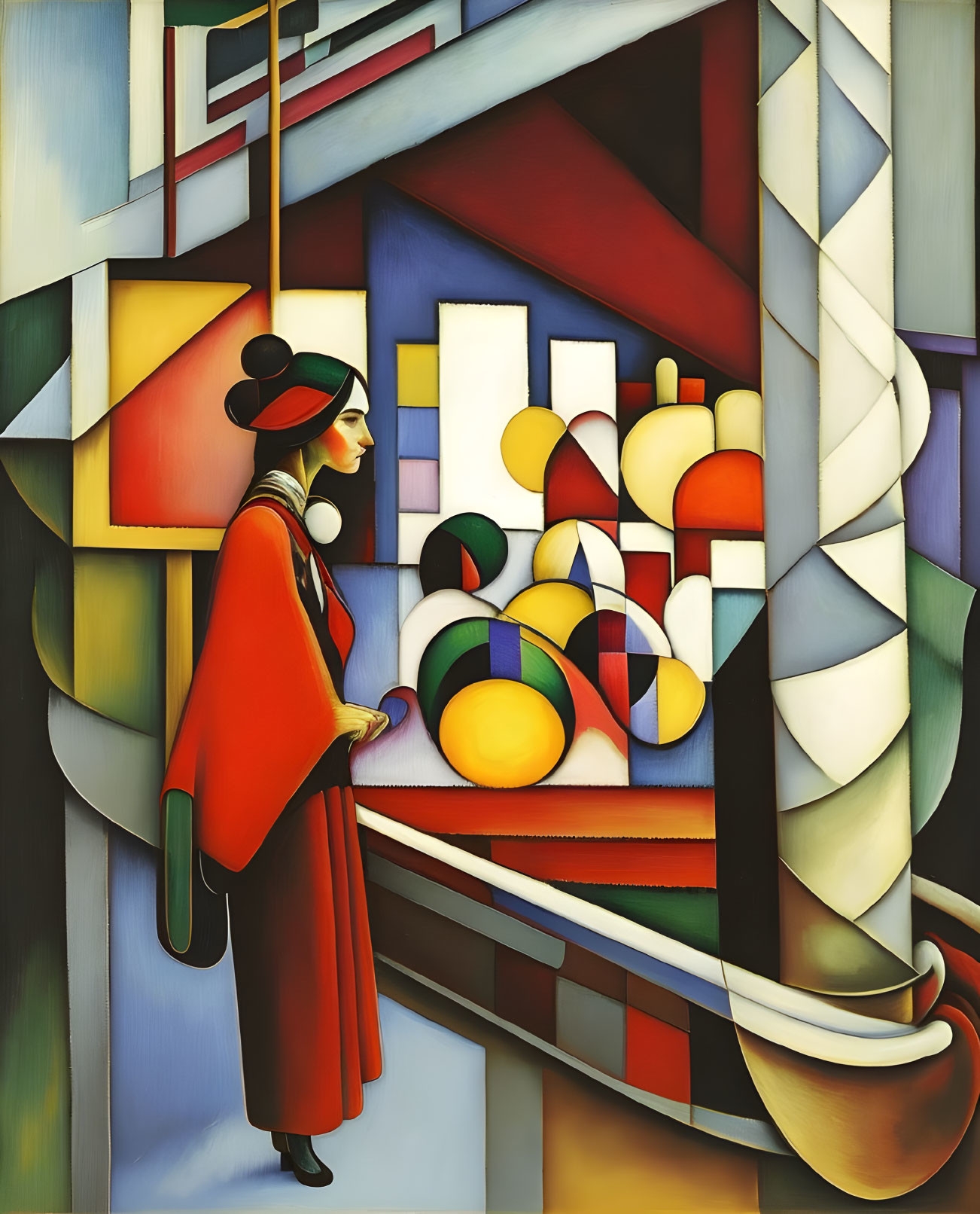 Colorful Abstract Painting: Stylized Woman in Hat and Red Cloak on Balcony