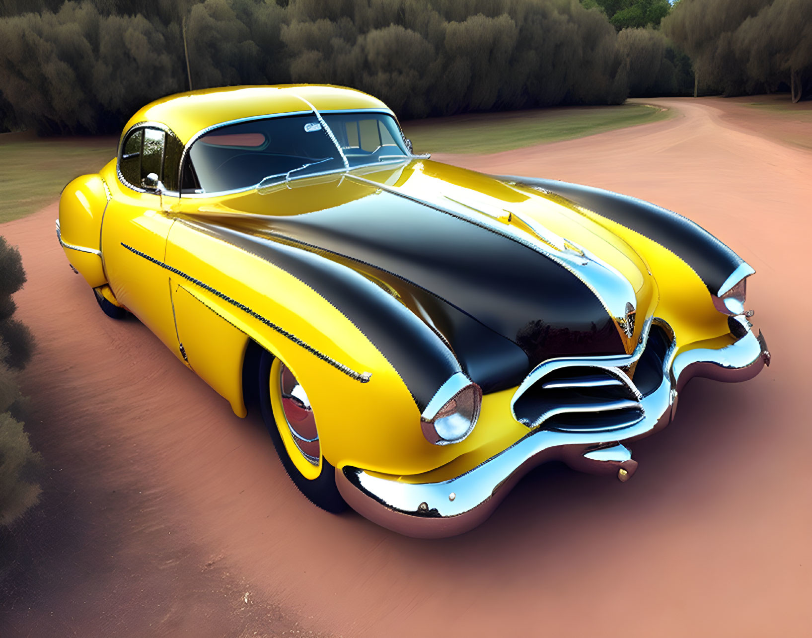 Vintage Yellow and Black Car Parked on Road Amidst Greenery