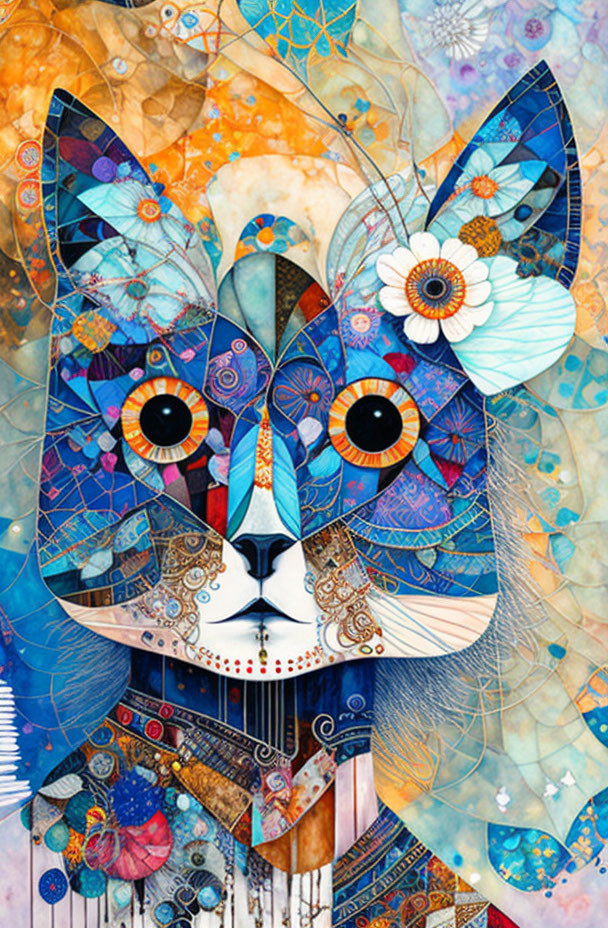 Abstract Cat Face Art with Geometric and Floral Patterns in Blue, Orange, and White