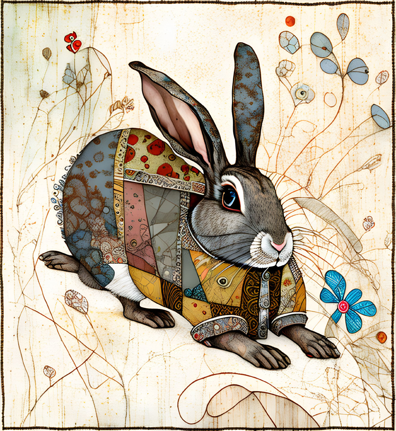 Illustrated rabbit in patchwork cloak on vintage-style background