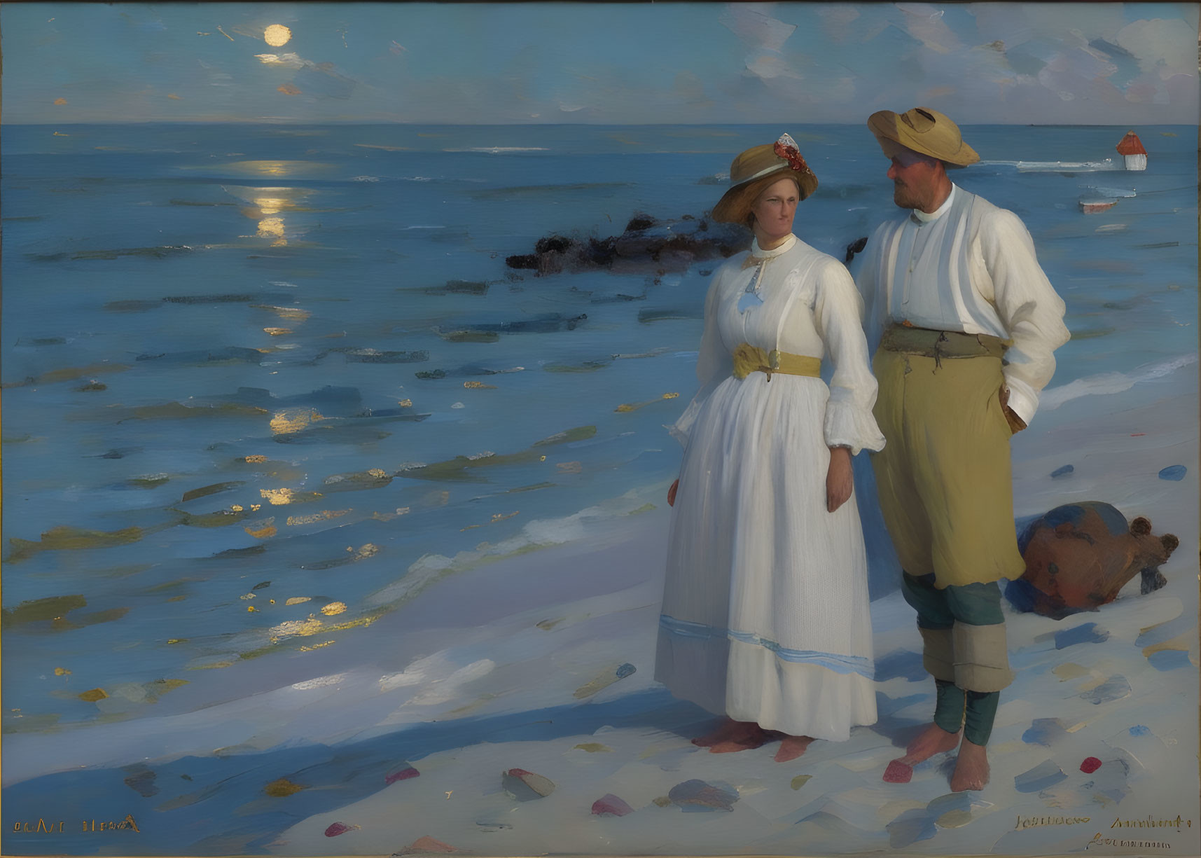 Traditional clothing man and woman on beach at sunset with sea, boat, and dog.