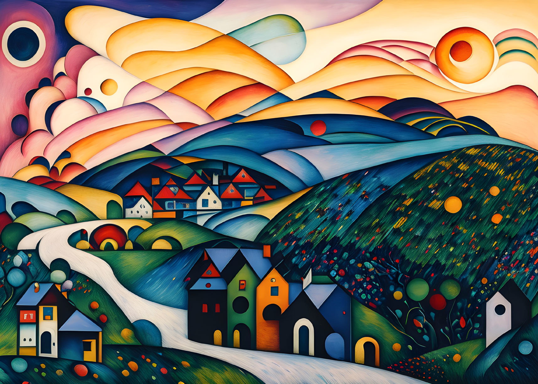 Colorful Surrealist Landscape with Rolling Hills and Whimsical Houses