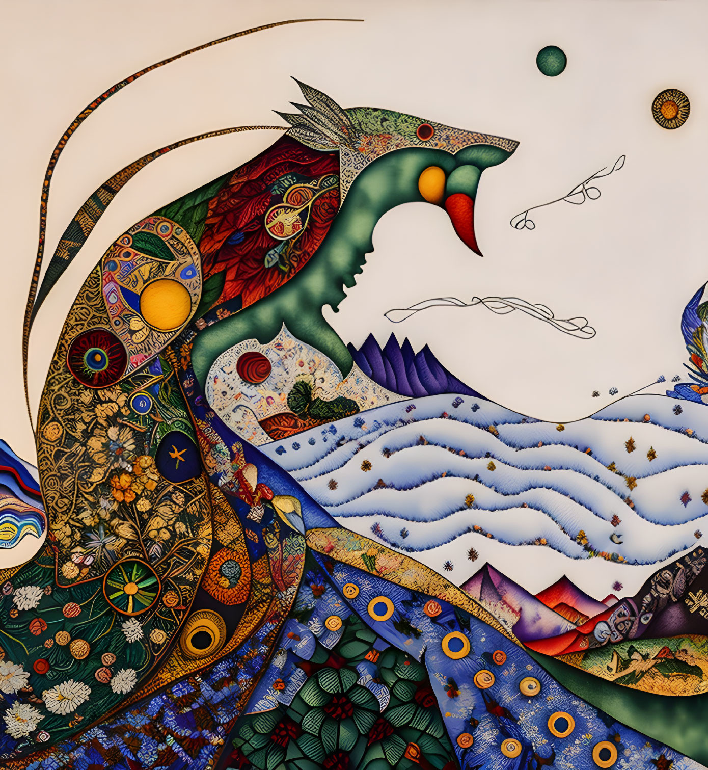 Abstract bird and landscape artwork with intricate patterns and celestial elements